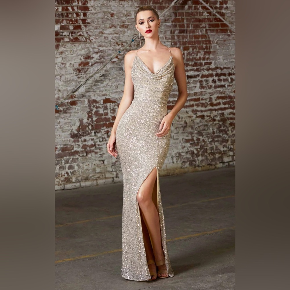 Fitted Sequin Cowl Gown by Cinderella Divine